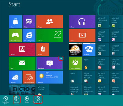 Windows 8 Start Screen, App Selected, Menu Bar Choices